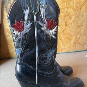 Capezio Black Leather Western Boots with Red Floral Appliqué